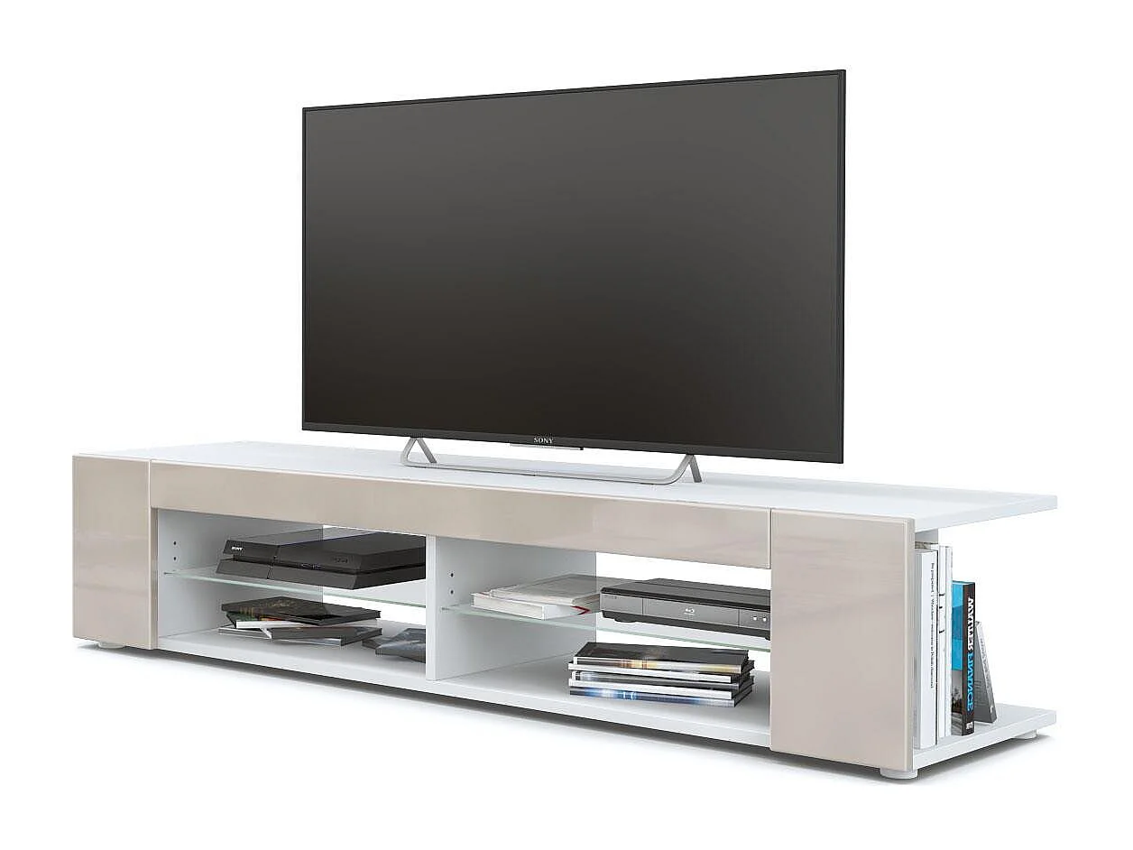 Buffet bas Movie, Meuble TV avec 4 compartiments ouverts et placages décoratifs, Blanc mat/Gris sable haute brillance (134 x 29 x 39 cm)