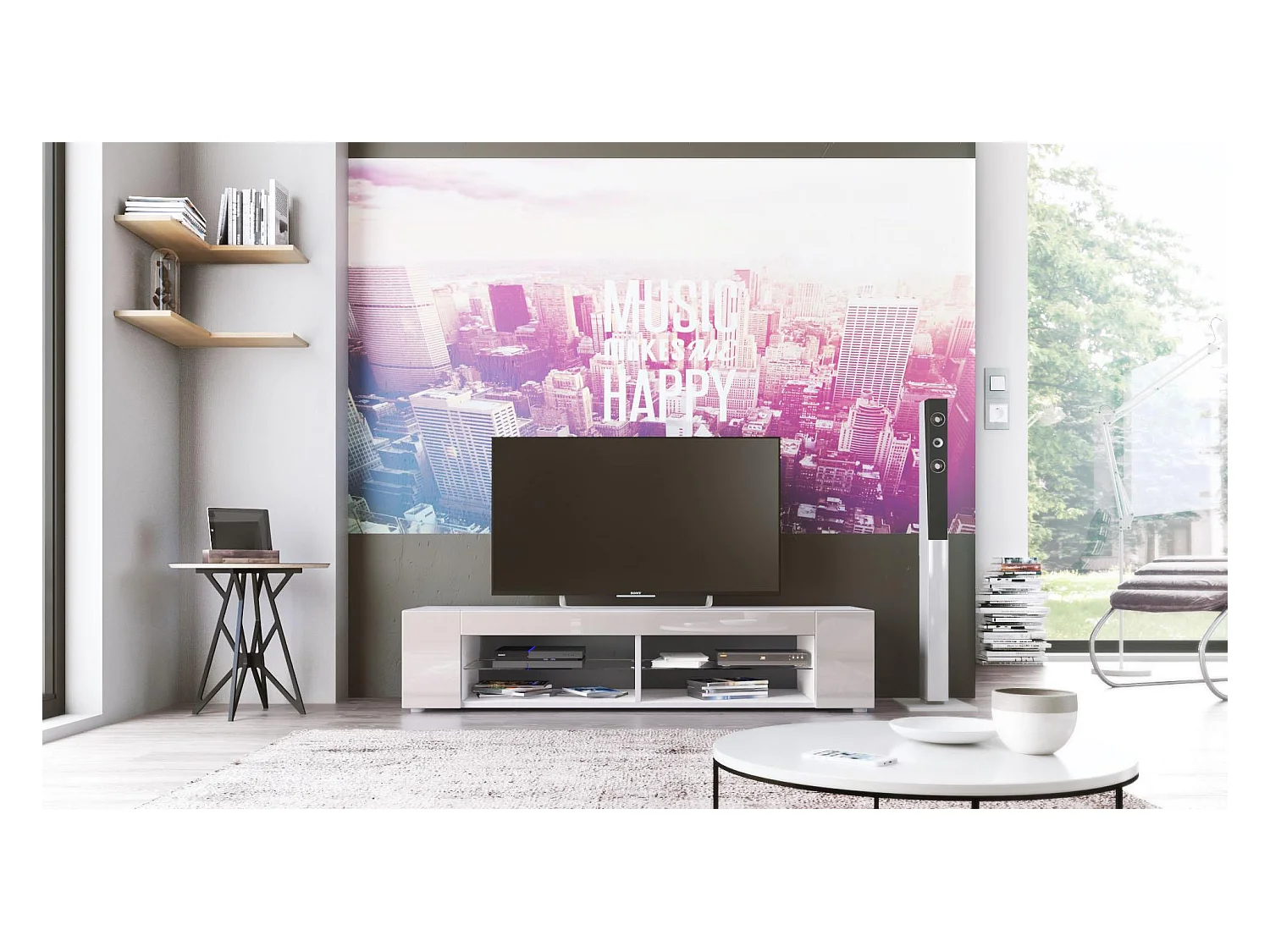 Buffet bas Movie, Meuble TV avec 4 compartiments ouverts et placages décoratifs, Blanc mat/Gris sable haute brillance (134 x 29 x 39 cm)