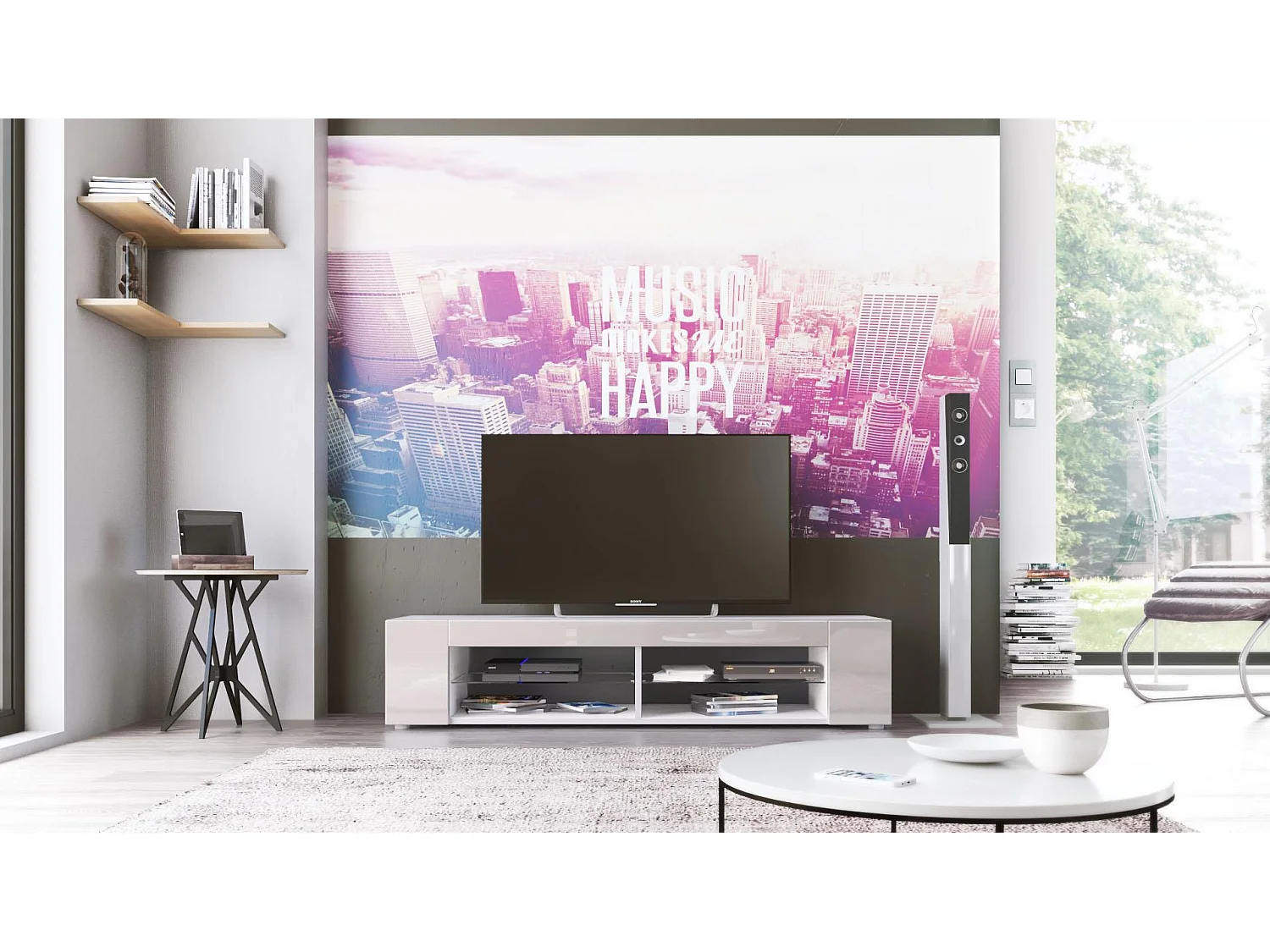 Buffet bas Movie, Meuble TV avec 4 compartiments ouverts et placages décoratifs, Blanc mat/Gris sable haute brillance (134 x 29 x 39 cm)