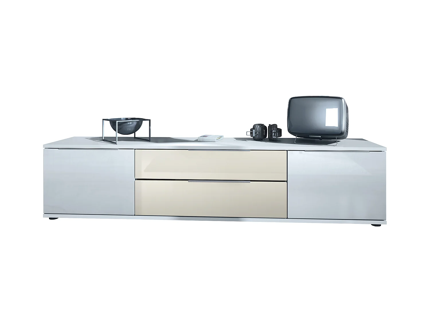 TV lowboard Linio V2, mesa TV con 2 puertas y 2 cajones - Blanco / crema de alto brillo (166,5 x 37,5 x 35 cm)