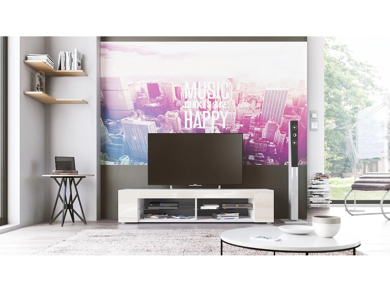 Buffet bas Movie, Meuble TV avec 4 compartiments ouverts et placages décoratifs, Blanc mat/Crème haute brillance (134 x 29 x 39 cm)