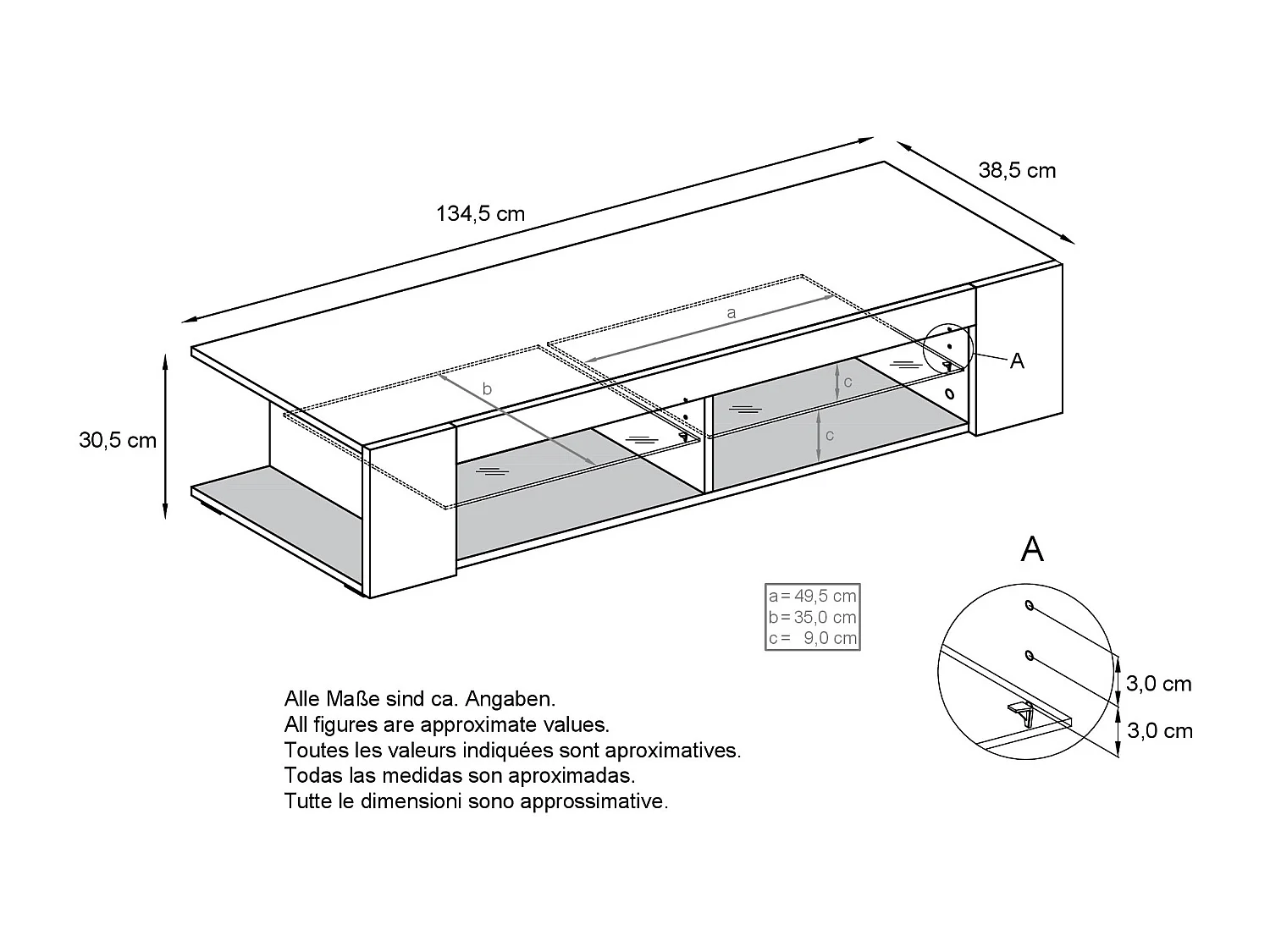 Buffet bas Movie, Meuble TV avec 4 compartiments ouverts et placages décoratifs, Blanc mat/Crème haute brillance (134 x 29 x 39 cm)