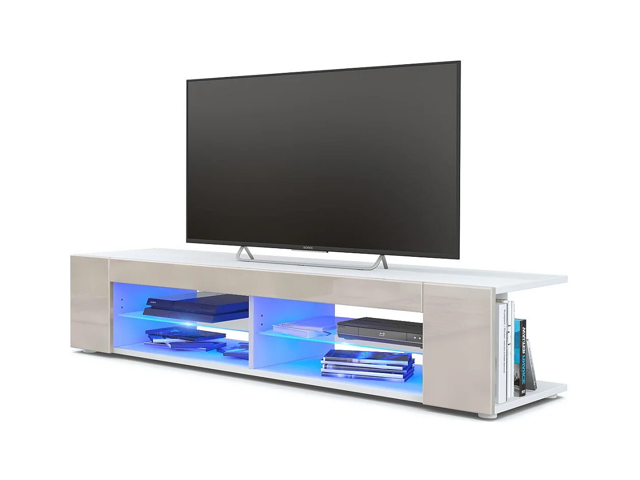 Buffet bas Movie, Meuble TV avec 4 compartiments ouverts et placages décoratifs, Blanc mat/Gris sable brillant, éclairage LED bleu inclus (134 x 29 x 39 cm)