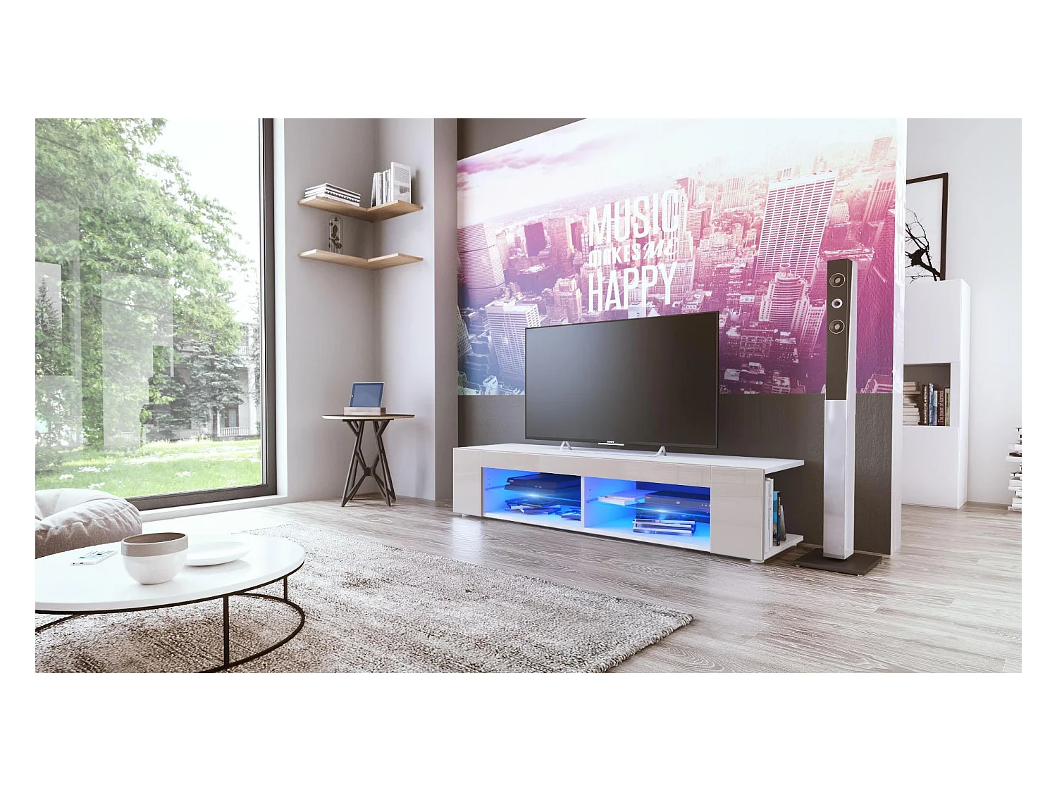Buffet bas Movie, Meuble TV avec 4 compartiments ouverts et placages décoratifs, Blanc mat/Gris sable brillant, éclairage LED bleu inclus (134 x 29 x 39 cm)