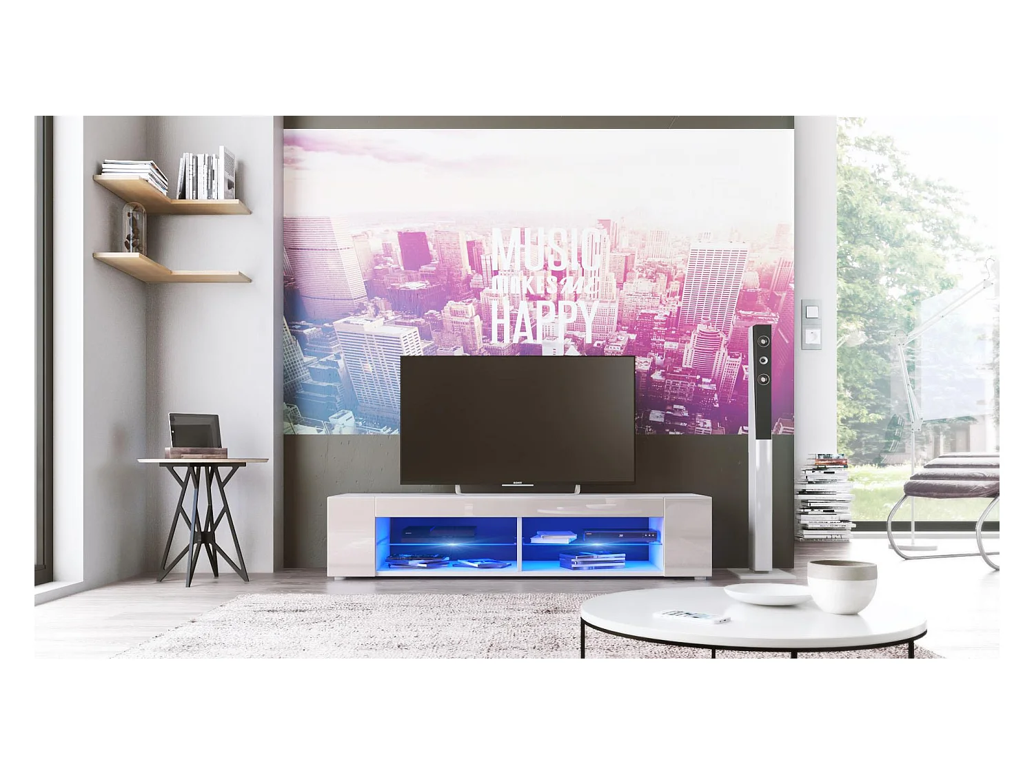 Buffet bas Movie, Meuble TV avec 4 compartiments ouverts et placages décoratifs, Blanc mat/Gris sable brillant, éclairage LED bleu inclus (134 x 29 x 39 cm)