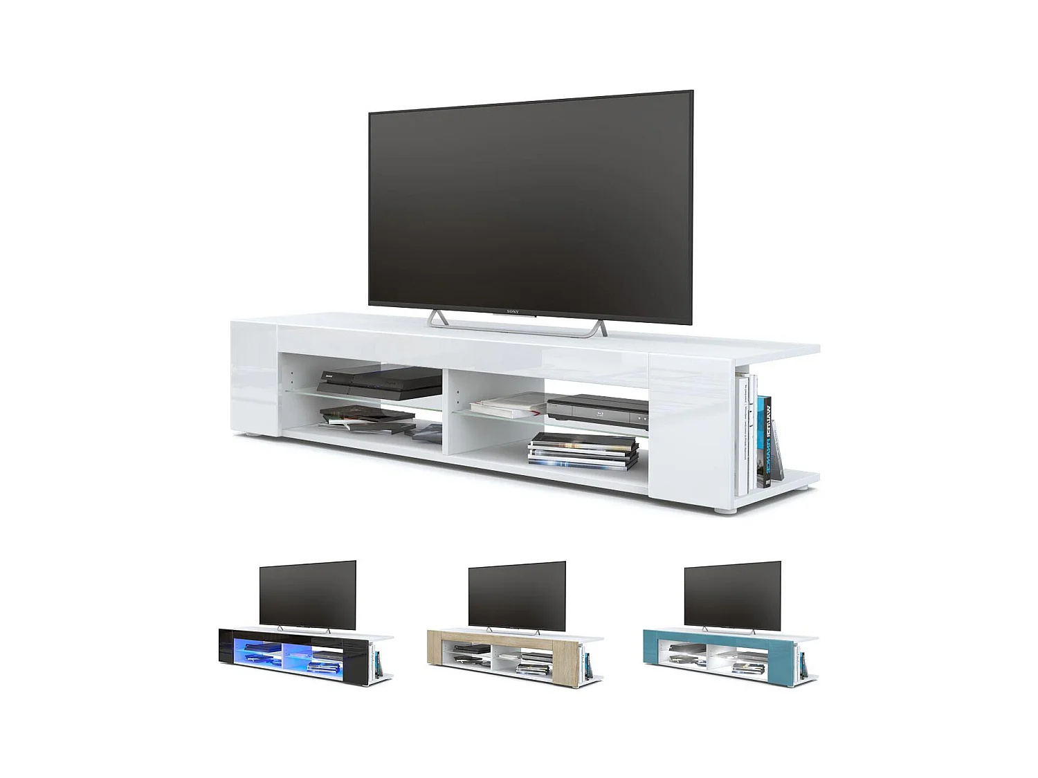 Buffet bas Movie, Meuble TV avec 4 compartiments ouverts et placages décoratifs, Blanc mat/Gris sable brillant, éclairage LED bleu inclus (134 x 29 x 39 cm)
