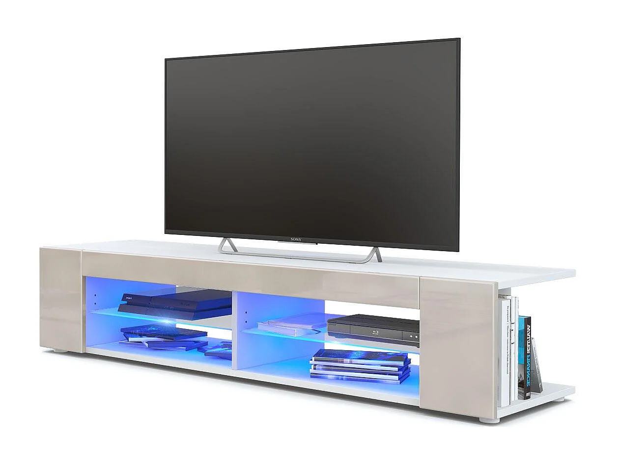 Buffet bas Movie, Meuble TV avec 4 compartiments ouverts et placages décoratifs, Blanc mat/Gris sable brillant, éclairage LED bleu inclus (134 x 29 x 39 cm)