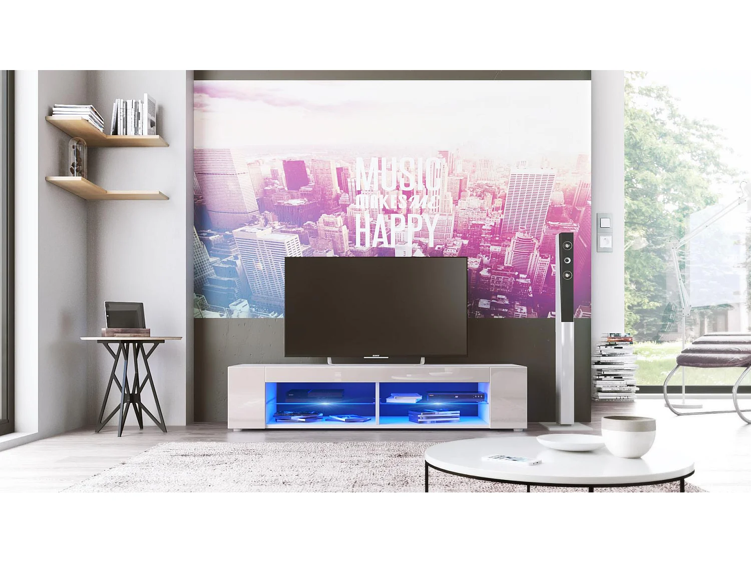 Buffet bas Movie, Meuble TV avec 4 compartiments ouverts et placages décoratifs, Blanc mat/Gris sable brillant, éclairage LED bleu inclus (134 x 29 x 39 cm)