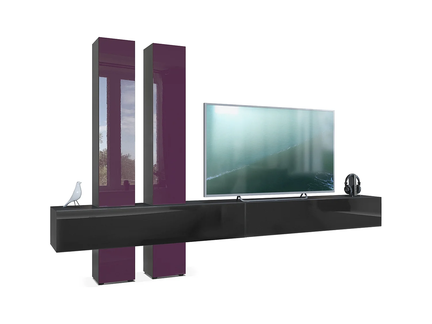 Meuble-paroi Moja de  - Noir mat & noir/mûre haute brillance - Meuble-paroi moderne pour votre salon (LxHxP) 330 x 204 x 39 cm