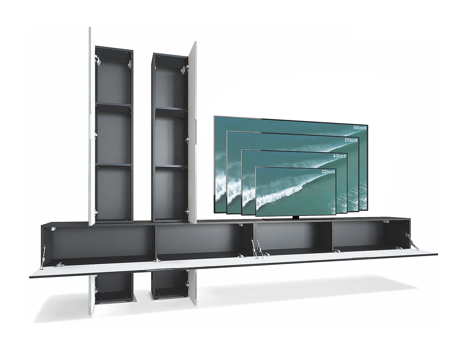 Parete attrezzata Vladon Moja - Nero opaco & Nero/violetto porpora lucido - Parete attrezzata moderna per il vostro soggiorno (LxHxP) 330 x 204 x 39 cm