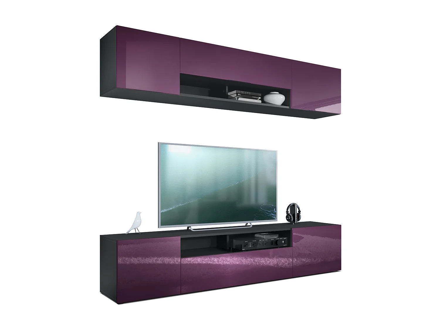 Meuble-paroi Mogan, noir mat/mûre haute brillance - Meuble mural moderne composé de 2 étagères TV (181 x 147 x 35 cm)