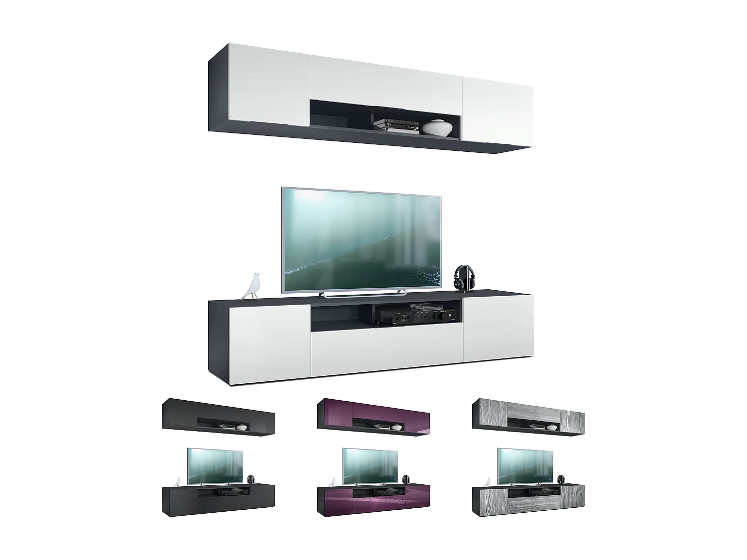 Meuble-paroi Mogan, noir mat/mûre haute brillance - Meuble mural moderne composé de 2 étagères TV (181 x 147 x 35 cm)