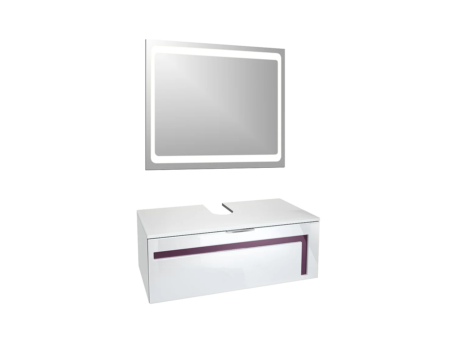 Meuble sous vasque Lavabo Aloha V2, Corps en Blanc mat / Façades en Blanc haute brillance avec un décor en Mûre haute brillance, avec Vasque à poser et Miroir LED