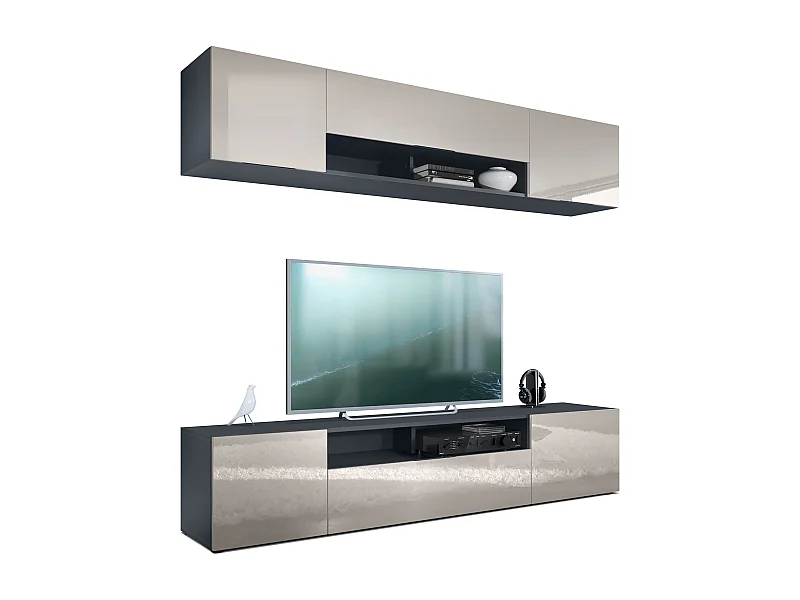 Meuble mural de salon Mogan avec deux éléments de 181x39x35 cm, meuble mural de salon suspendu avec 12 compartiments, Anthracite mat/Gris sable brillant