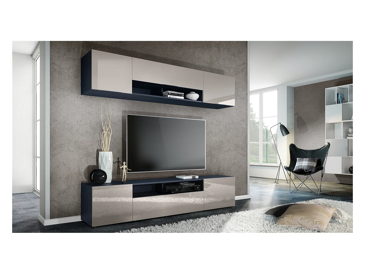 Meuble mural de salon Mogan avec deux éléments de 181x39x35 cm, meuble mural de salon suspendu avec 12 compartiments, Anthracite mat/Gris sable brillant