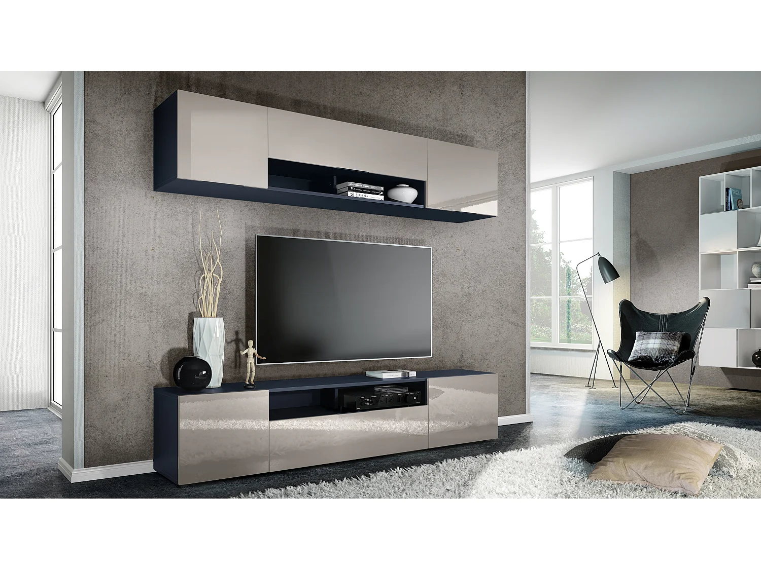 Pensile Mogan con due elementi da 181 x 39 x 35 cm, mobile da soggiorno sospeso con 12 scomparti, struttura in antracite opaco, frontali in grigio sabbia High Gloss