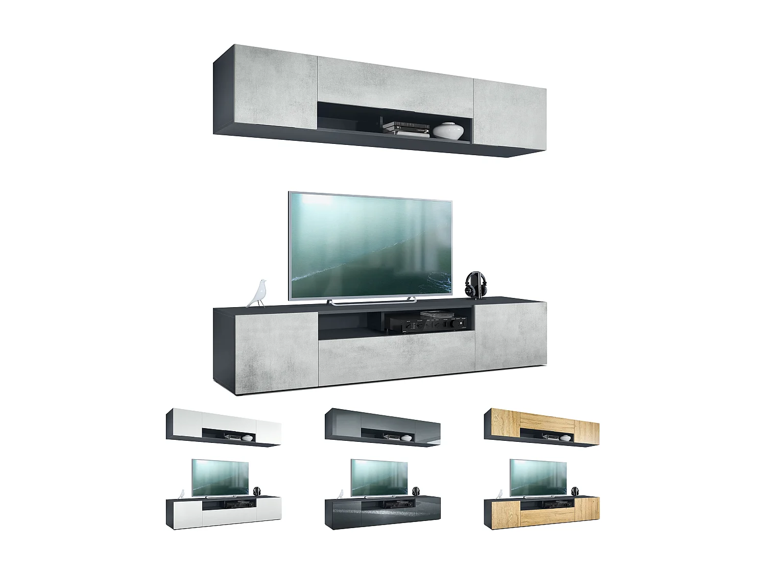 Pensile Mogan con due elementi da 181 x 39 x 35 cm, mobile da soggiorno sospeso con 12 scomparti, struttura in antracite opaco, frontali in grigio sabbia High Gloss