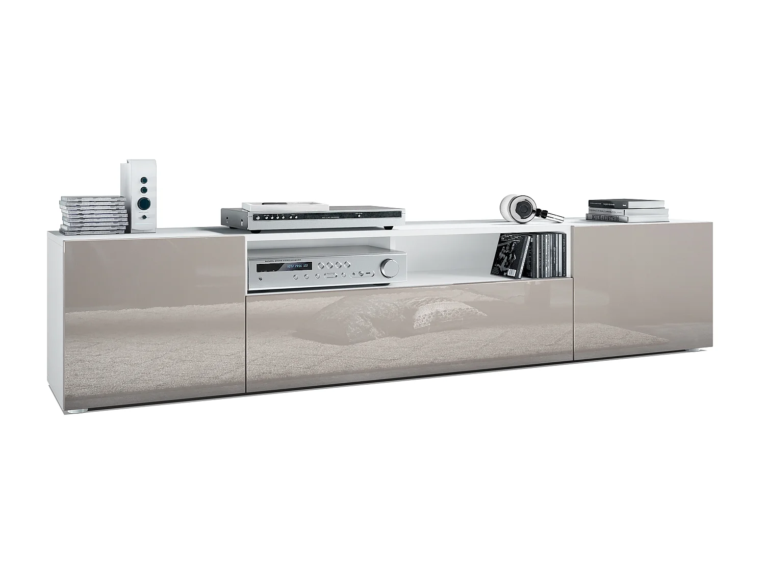 Buffet bas Mogan, Meuble TV avec 2 portes, 1 clapet et 1 compartiment ouvert, Blanc mat/Gris sable haute brillance (181 x 39 x 35 cm)