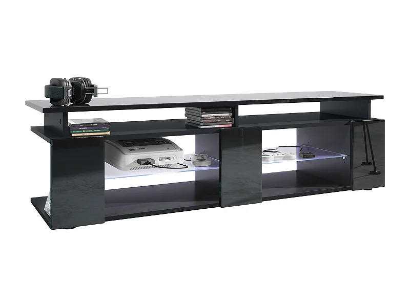 TV Board Movie V2 Game On Lowboard 139 x 39 x 39 cm con illuminazione LED bianca, struttura in nero opaco, frontali in nero lucido