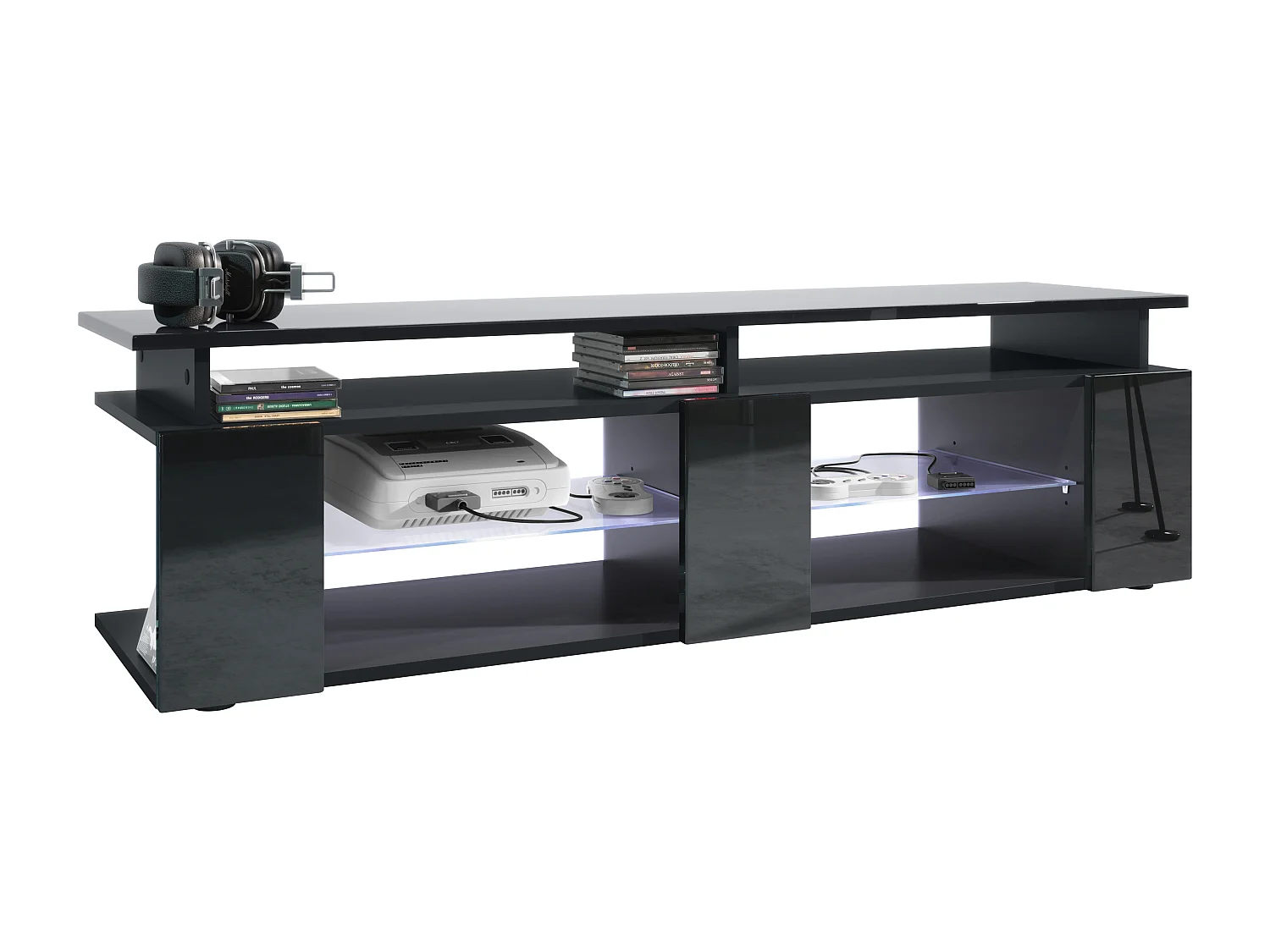TV Board Movie V2 Game On Lowboard 138,5 x 39 x 39 cm éclairage LED inclus Blanc, caisson en noir mat, façades en noir haute brillance