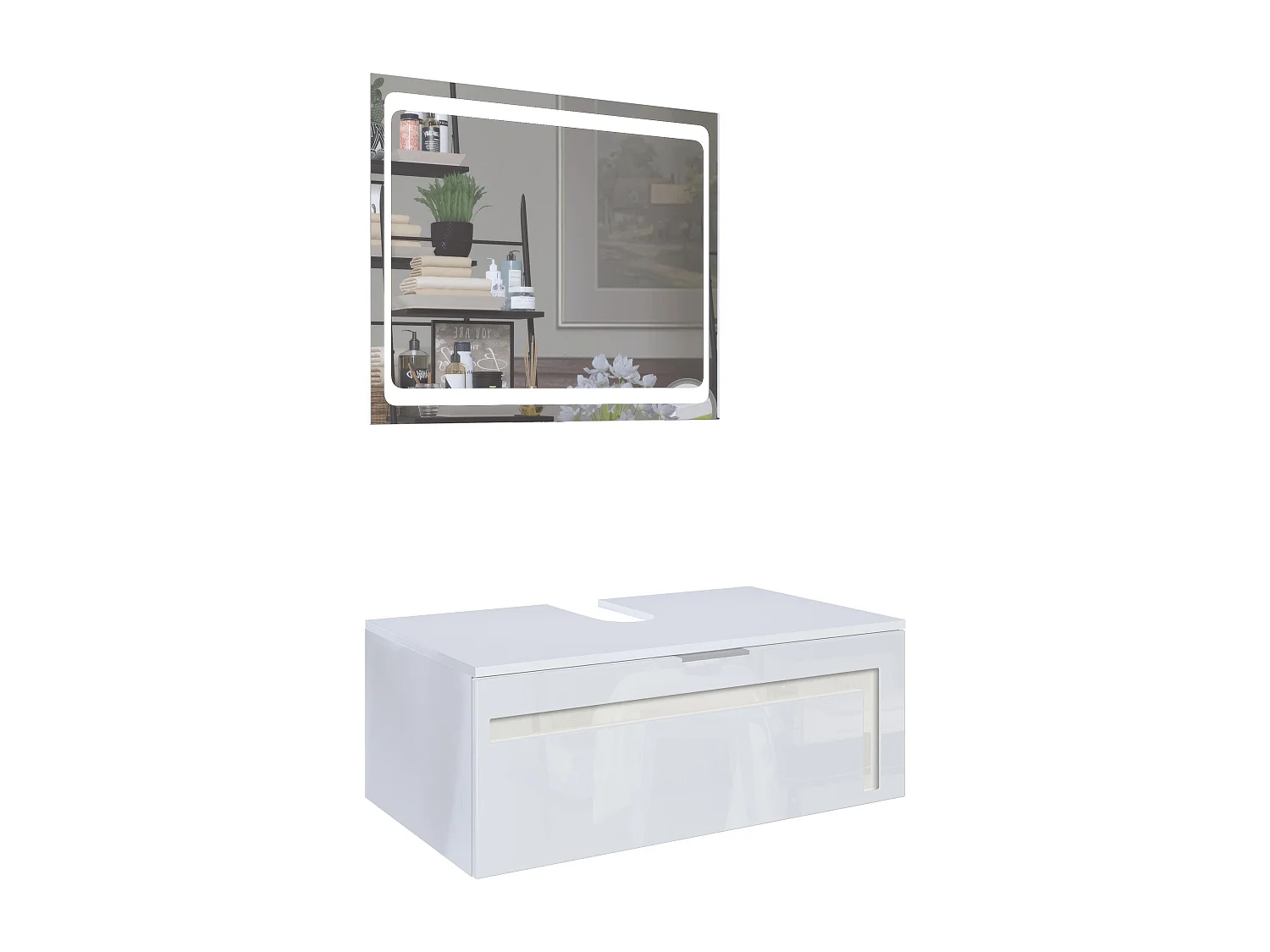 Meuble sous vasque Lavabo Aloha V2, Corps en Blanc mat / Façades en Blanc haute brillance avec un décor en Crème haute brillance, avec Miroir LED