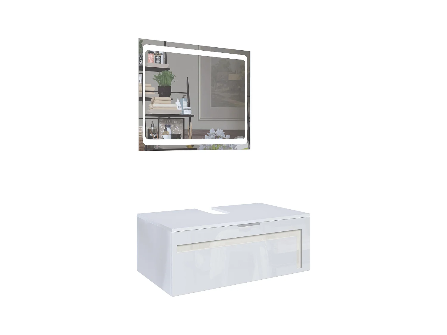 Meuble sous vasque Lavabo Aloha V2, Corps en Blanc mat / Façades en Blanc haute brillance avec un décor en Crème haute brillance, avec Miroir LED