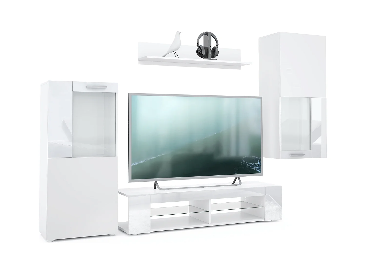 Ensemble de salon Movie comprenant 1 meuble bas TV, 2 vitrines et 1 étagère, Blanc mat/Blanc haute brillance, (Dimensions totales : 300 x 190 x 39 cm)