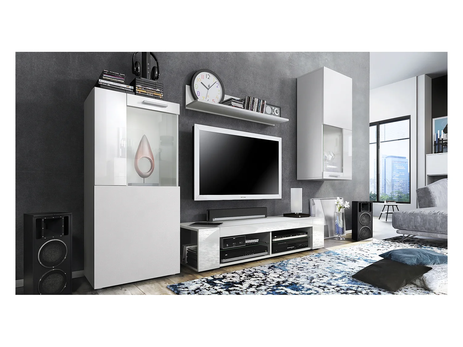 Ensemble de salon Movie comprenant 1 meuble bas TV, 2 vitrines et 1 étagère, Blanc mat/Blanc haute brillance, (Dimensions totales : 300 x 190 x 39 cm)