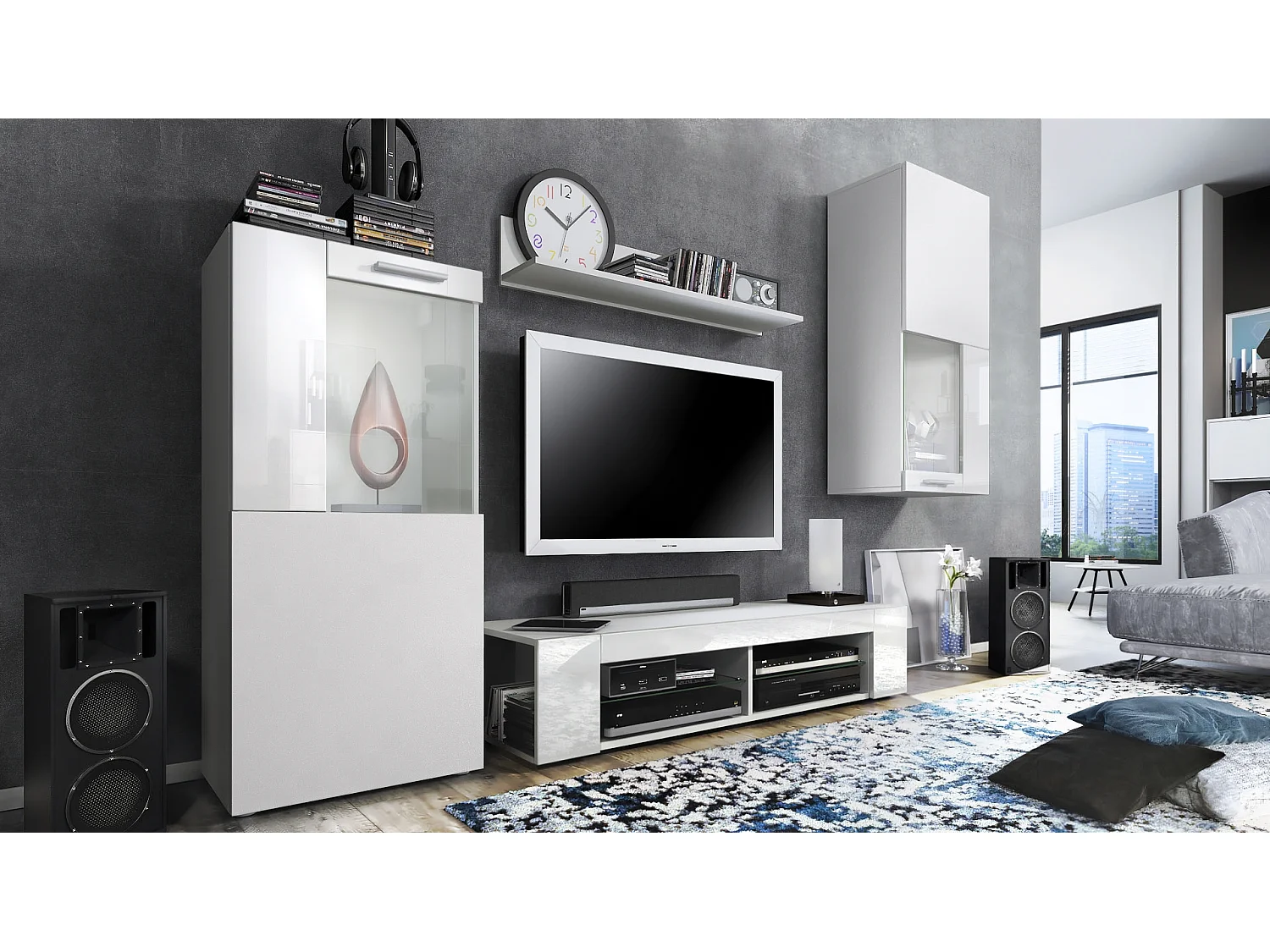 Ensemble de salon Movie comprenant 1 meuble bas TV, 2 vitrines et 1 étagère, Blanc mat/Blanc haute brillance, (Dimensions totales : 300 x 190 x 39 cm)