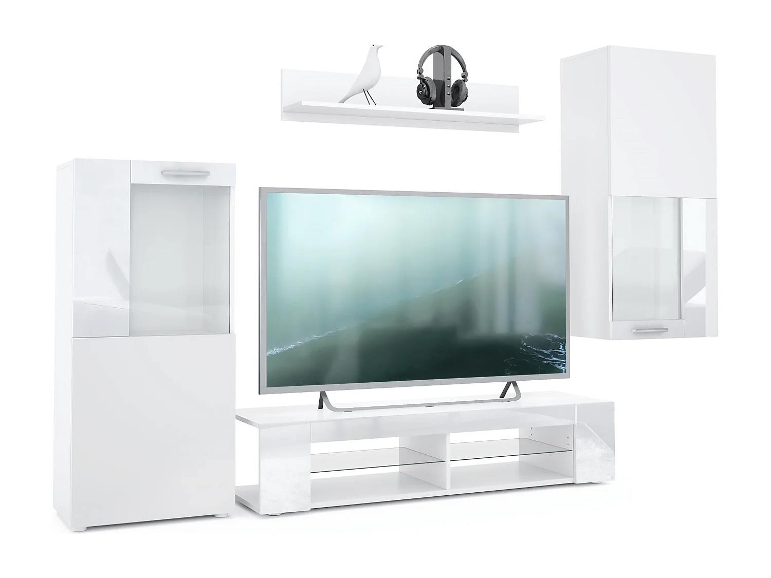 Ensemble de salon Movie comprenant 1 meuble bas TV, 2 vitrines et 1 étagère, Blanc mat/Blanc haute brillance, (Dimensions totales : 300 x 190 x 39 cm)