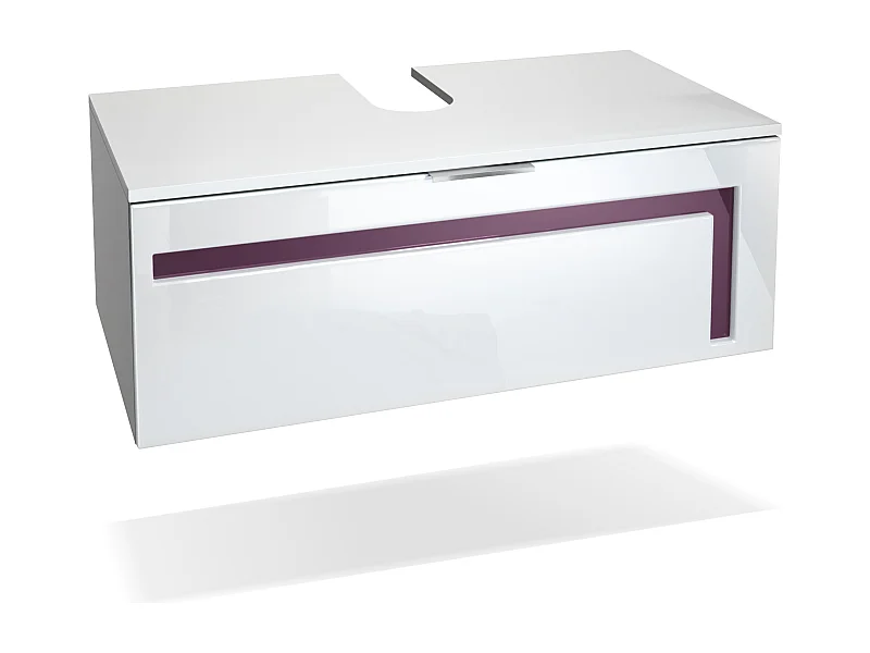 Mobile da bagno Aloha V2, struttura in bianco opaco / frontali in bianco lucido con profili in violetto-porpora.
