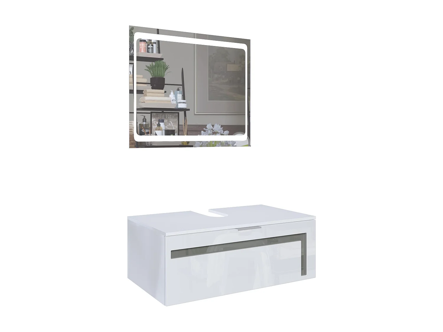 Meuble sous vasque Lavabo Aloha V2, Corps en Blanc mat / Façades en Blanc haute brillance avec un décor en Gris haute brillance, avec Miroir LED