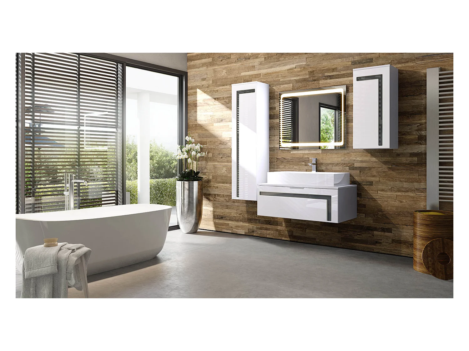 Meuble sous vasque Lavabo Aloha V2, Corps en Blanc mat / Façades en Blanc haute brillance avec un décor en Gris haute brillance, avec Miroir LED