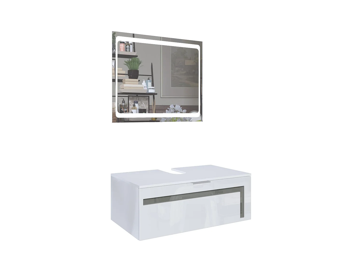 Meuble sous vasque Lavabo Aloha V2, Corps en Blanc mat / Façades en Blanc haute brillance avec un décor en Gris haute brillance, avec Miroir LED