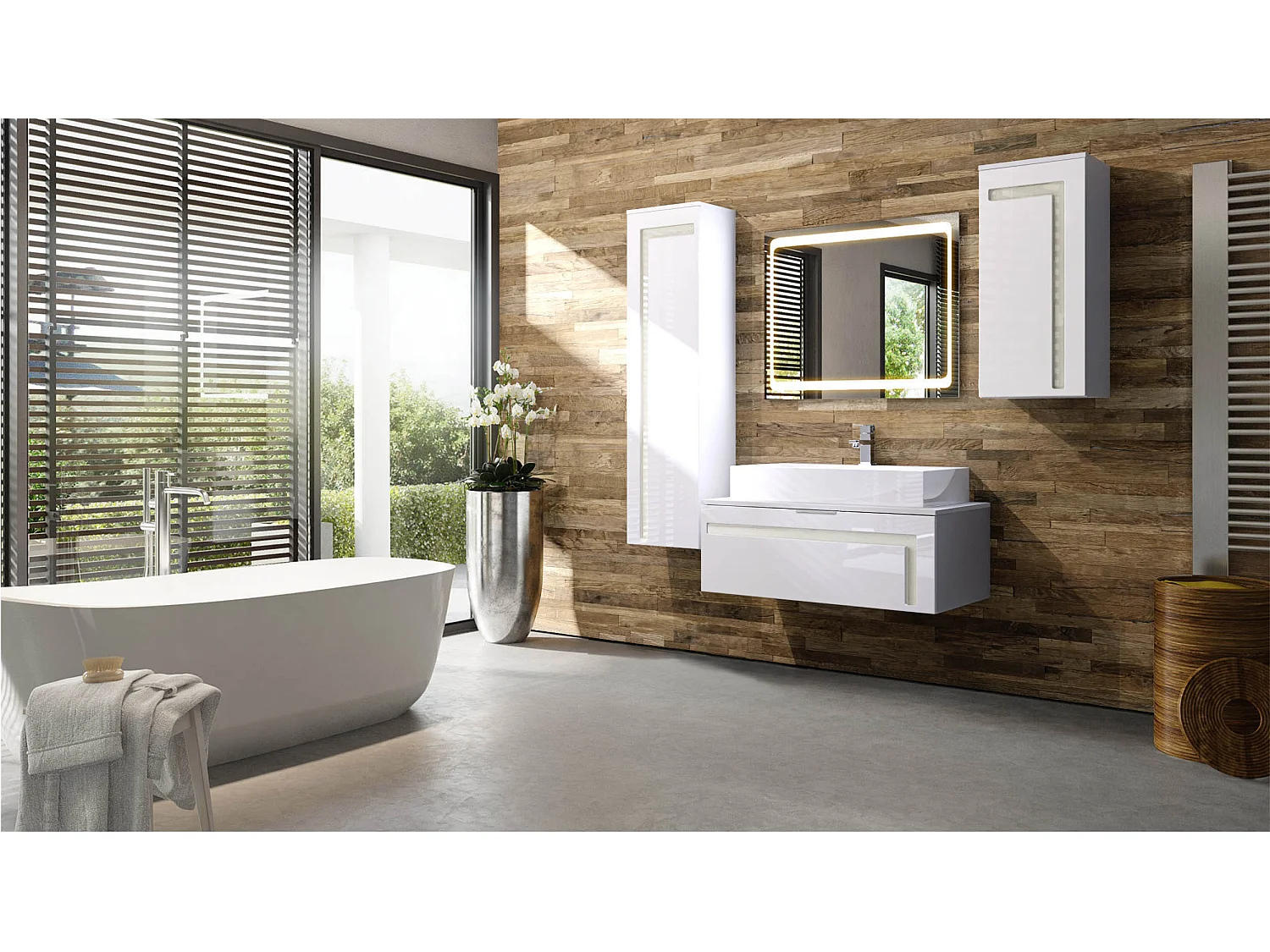 Meuble sous vasque Lavabo Aloha V2, Corps en Blanc mat / Façades en Blanc haute brillance avec un décor en Blanc haute brillance