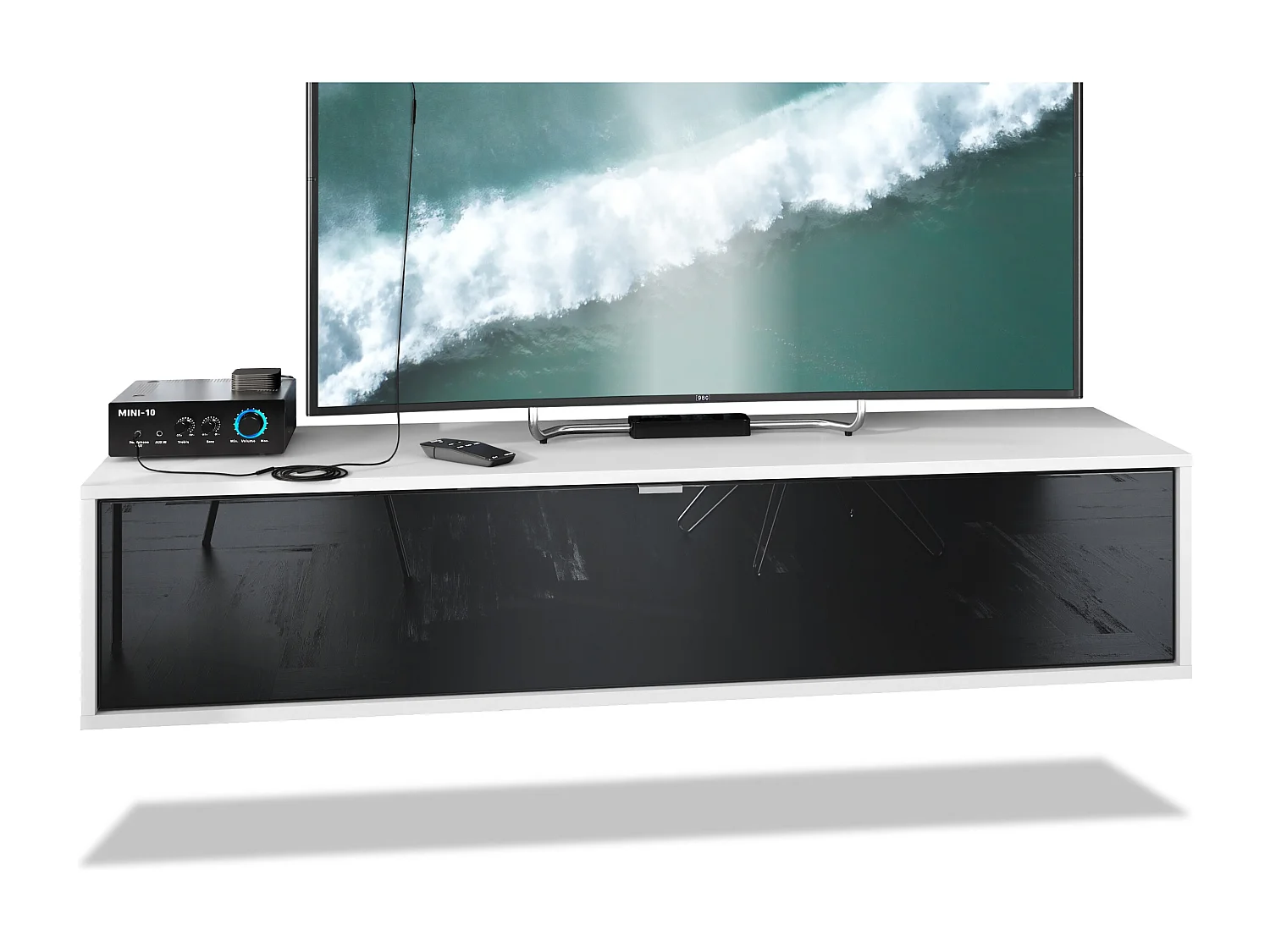 Mueble televisor Lana 140 Mueble de pared para televisión 140 x 29 x 37 cm, Cuerpo en Blanco Mate, Frentes en Negro de alto brillo | Gran variedad de colores