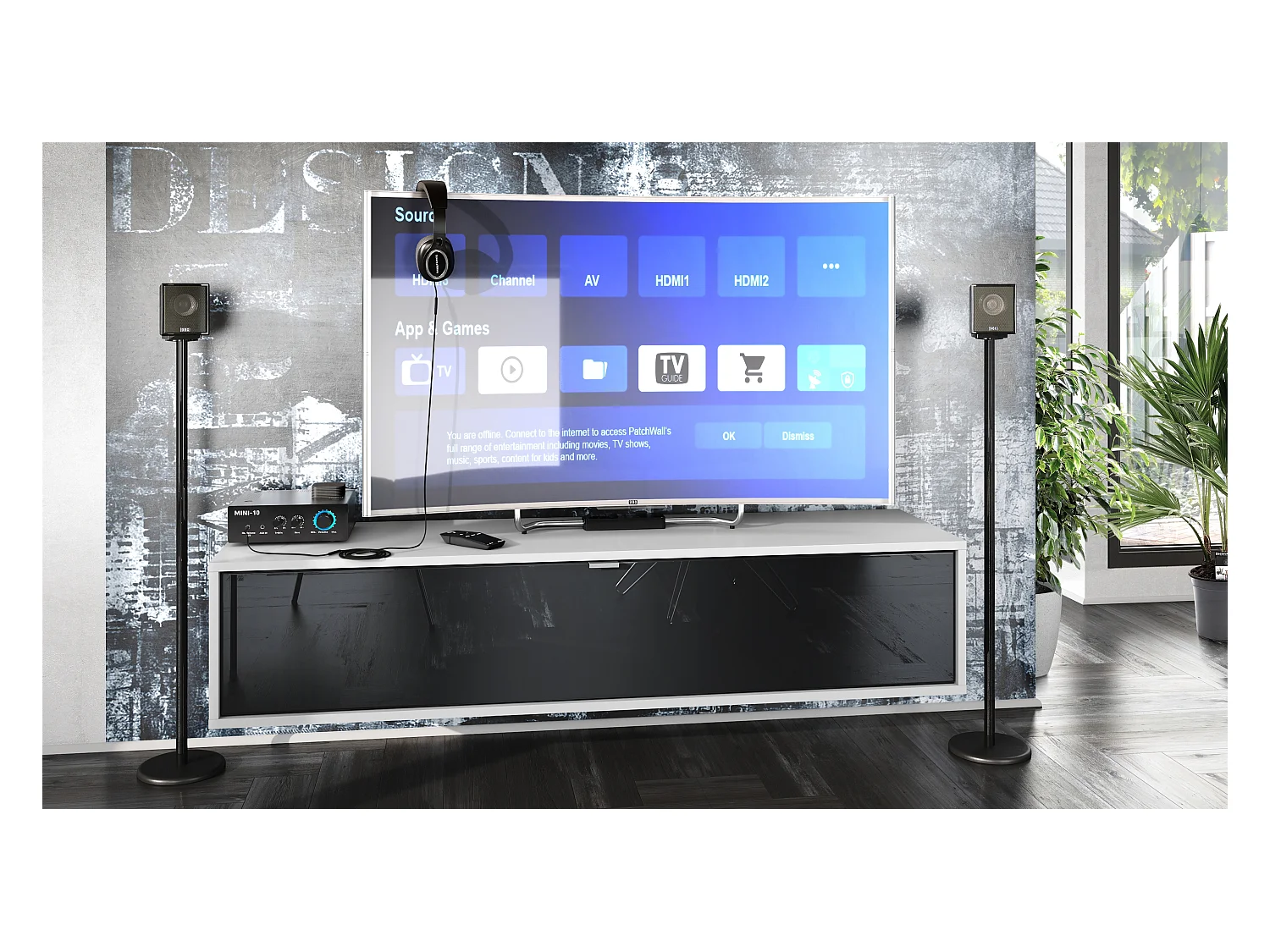 Mueble televisor Lana 140 Mueble de pared para televisión 140 x 29 x 37 cm, Cuerpo en Blanco Mate, Frentes en Negro de alto brillo | Gran variedad de colores