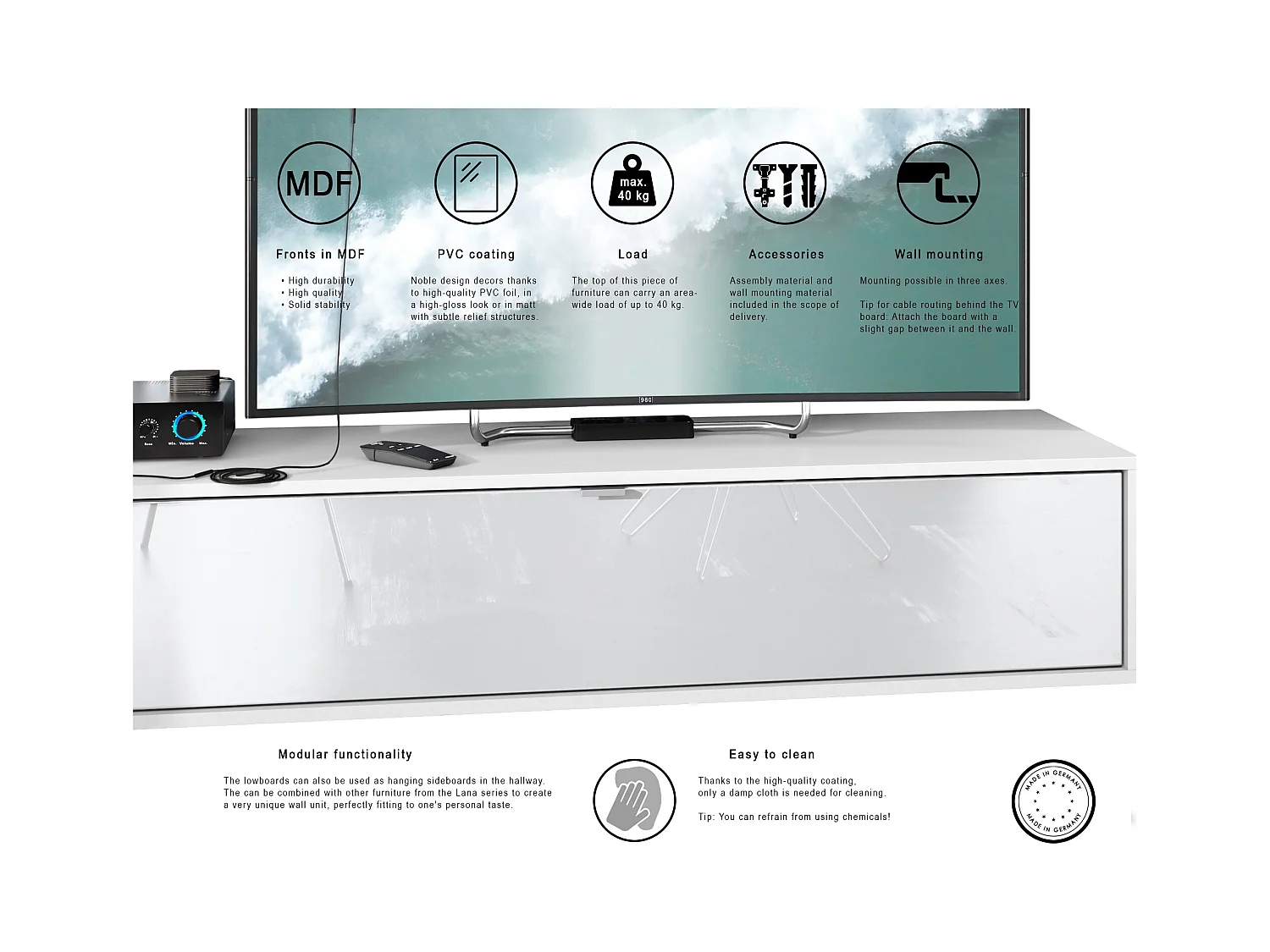 Mueble televisor Lana 140 Mueble de pared para televisión 140 x 29 x 37 cm, Cuerpo en Blanco Mate, Frentes en Negro de alto brillo | Gran variedad de colores