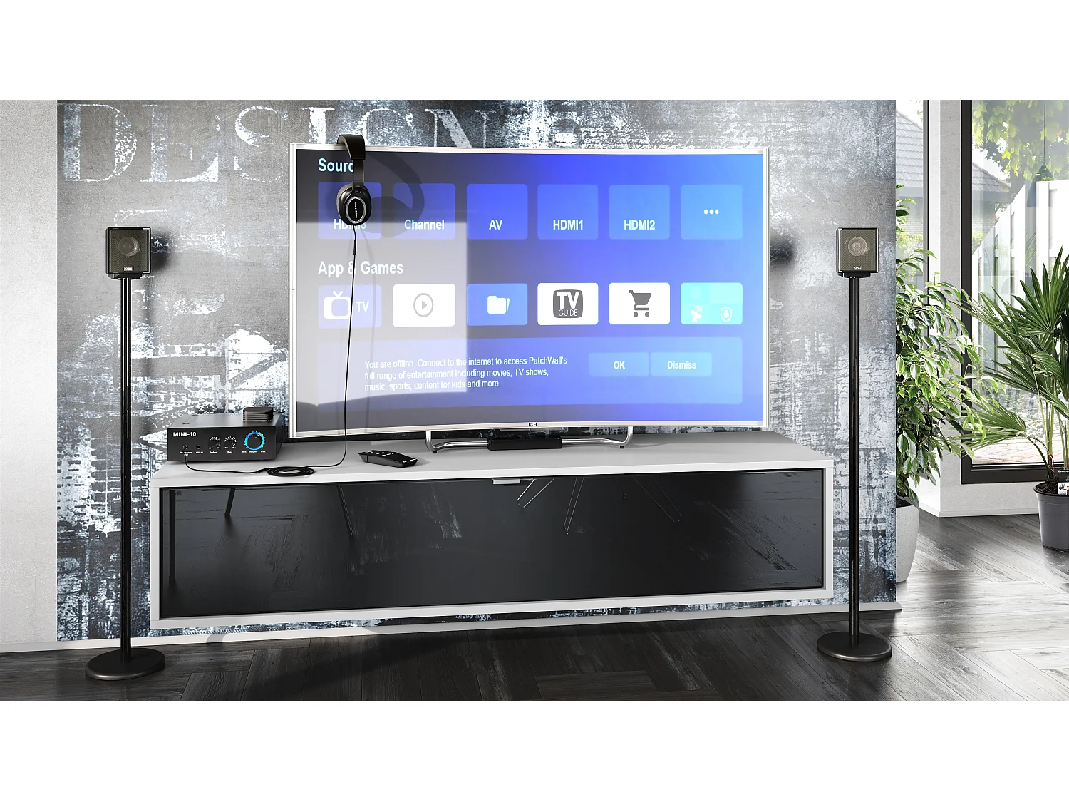 Meuble TV Lana 140 armoire murale lowboard 140 x 29 x 37 cm, caisson en blanc mat, façades en Noir haute brillance | Grand choix de couleurs