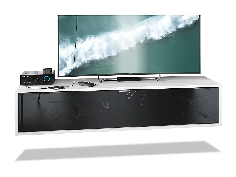 Meuble TV Lana 140 armoire murale lowboard 140 x 29 x 37 cm, caisson en blanc mat, façades en Noir haute brillance | Grand choix de couleurs