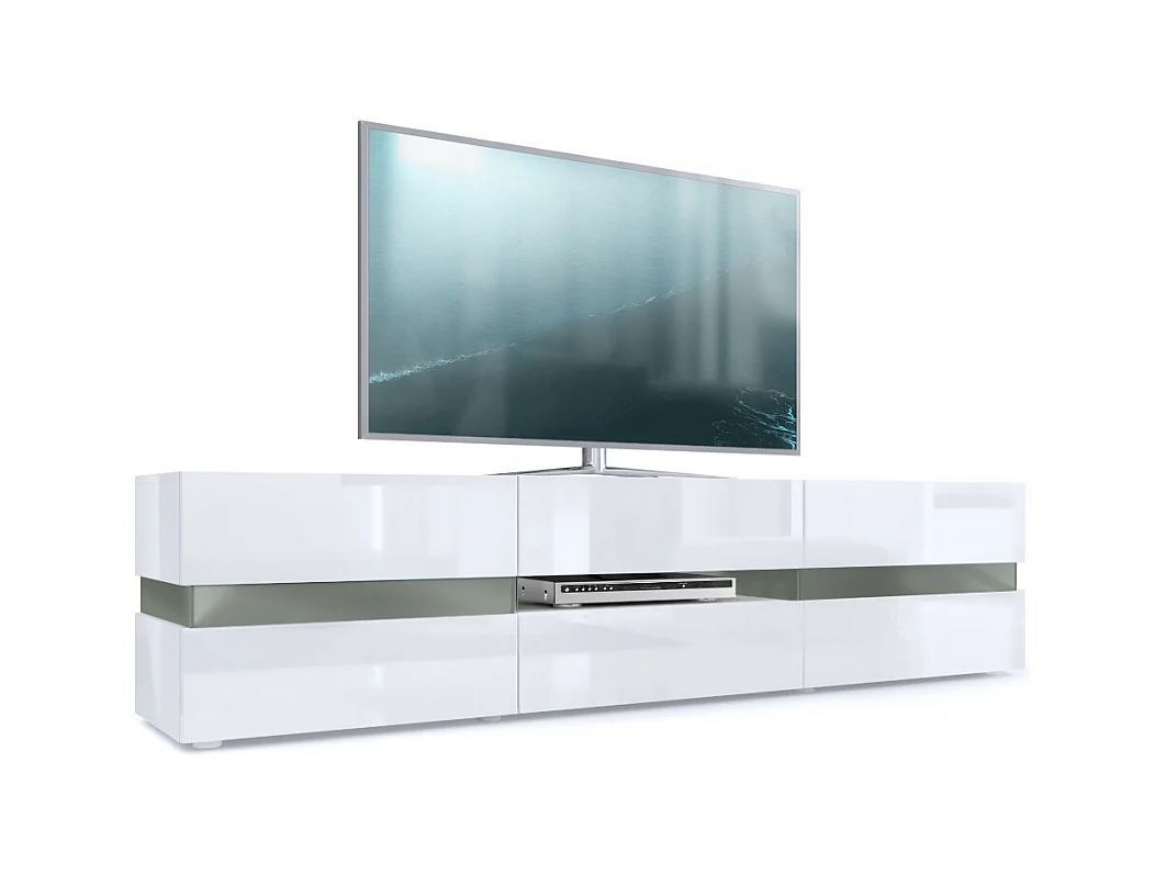 Buffet bas Flow, Meuble TV avec vitre d’ambiance rétroéclairée, 2 portes, 1 tiroir et 1 clapet, Blanc brillant/Blanc brillant (177 x 45 x 39 cm)