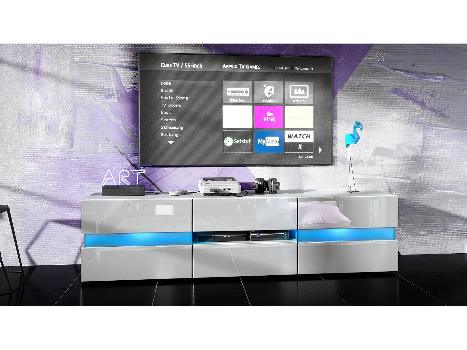 Buffet bas Flow, Meuble TV avec vitre d’ambiance rétroéclairée, 2 portes, 1 tiroir et 1 clapet, Blanc brillant/Blanc brillant (177 x 45 x 39 cm)