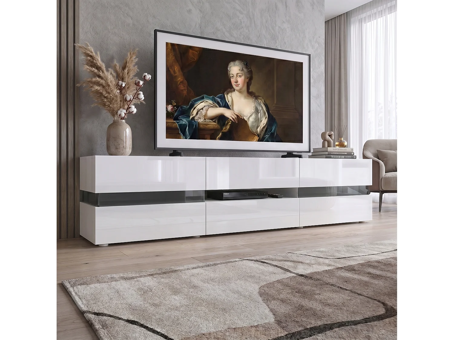Buffet bas Flow, Meuble TV avec vitre d’ambiance rétroéclairée, 2 portes, 1 tiroir et 1 clapet, Blanc brillant/Blanc brillant (177 x 45 x 39 cm)