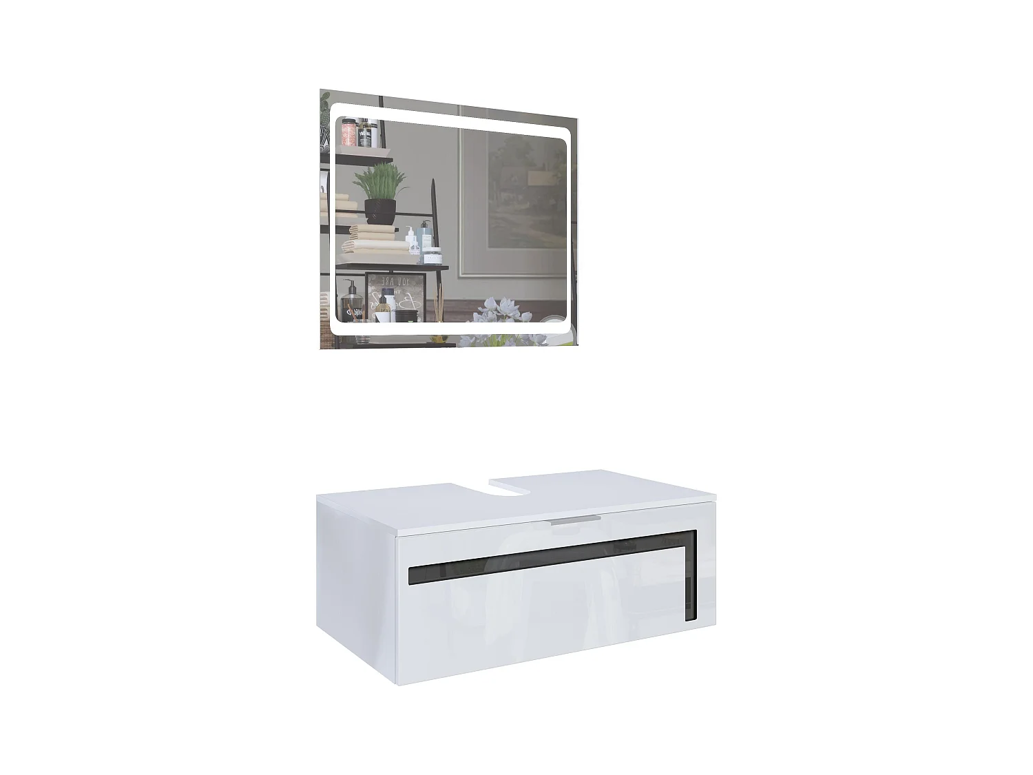 Meuble sous vasque Lavabo Aloha V2, Corps en Blanc mat / Façades en Blanc haute brillance avec un décor en Noir haute brillance, avec Miroir LED