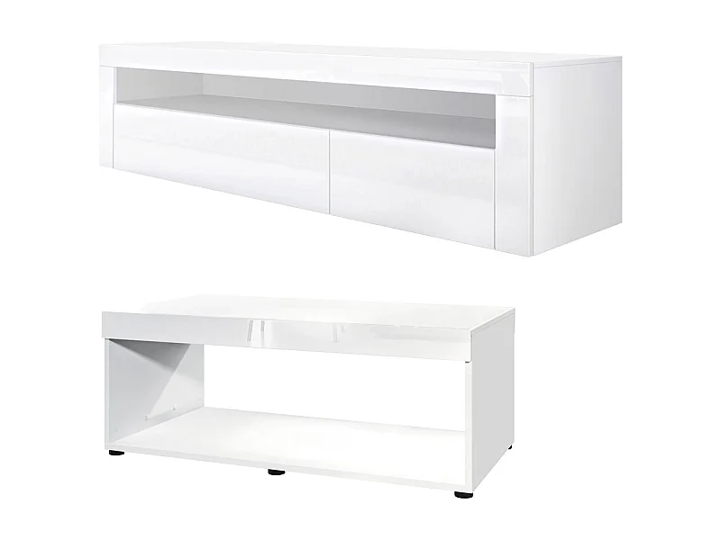 Set soggiorno Vladon Berlin, composto da 1 mobile TV con 1 vano aperto e 2 sportelli, e 1 tavolino da caffè, bianco opaco/bianco lucido