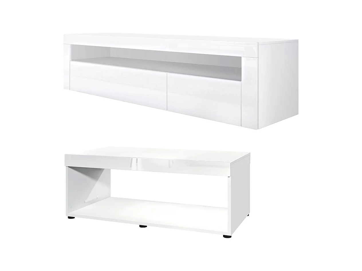 Set soggiorno Vladon Berlin, composto da 1 mobile TV con 1 vano aperto e 2 sportelli, e 1 tavolino da caffè, bianco opaco/bianco lucido