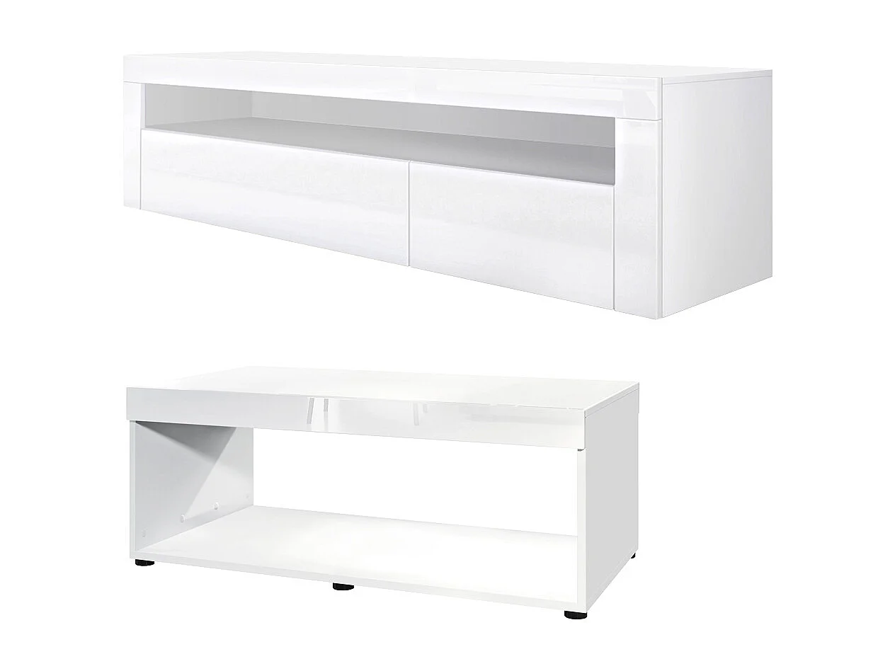Ensemble de salon  Berlin, composé de 1 meuble TV avec 1 compartiment ouvert et 2 abattants, et 1 table basse, blanc mat/blanc haute brillance
