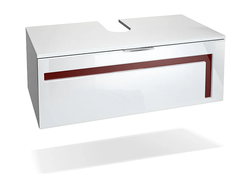 Meuble sous vasque Lavabo Aloha V2, Corps en Blanc mat / Façades en Blanc haute brillance avec un décor en Bordeaux haute brillance
