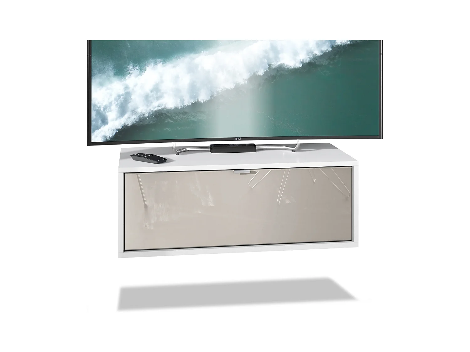 Meuble TV Lana 80 armoire murale lowboard 80 x 29 x 37 cm, caisson en blanc mat, façades en Gris sable haute brillance | Grand choix de couleurs
