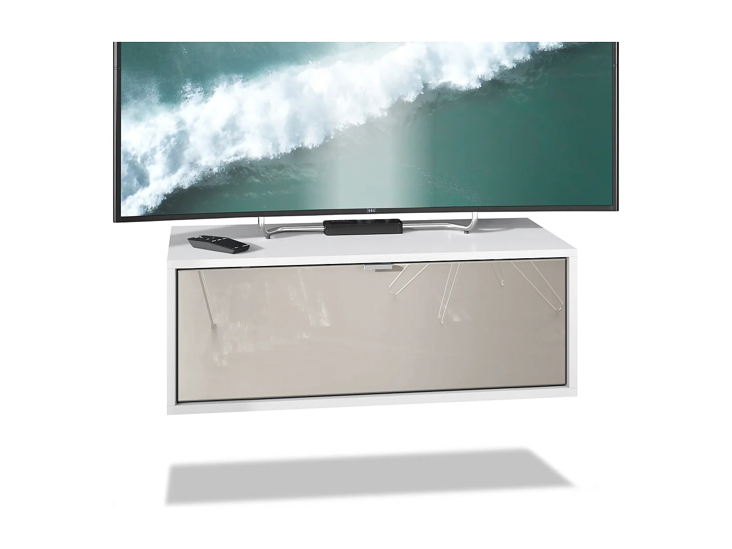 Meuble TV Lana 80 armoire murale lowboard 80 x 29 x 37 cm, caisson en blanc mat, façades en Gris sable haute brillance | Grand choix de couleurs